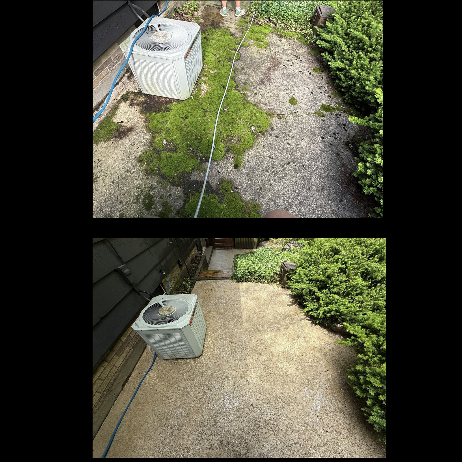 Before and after of concrete cleaning by Core Exterior Services