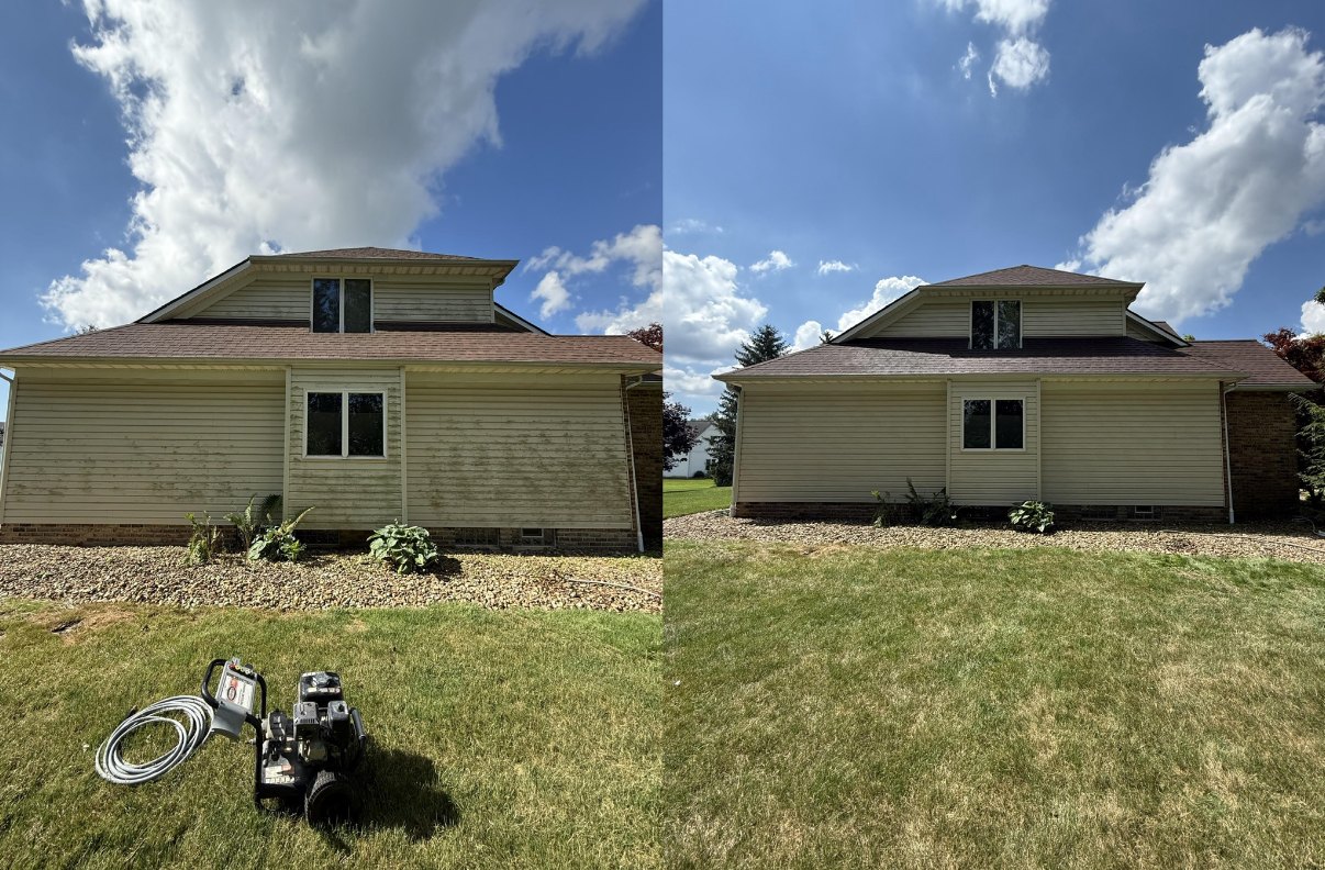 Before and after of a house wash by Core Exterior Services