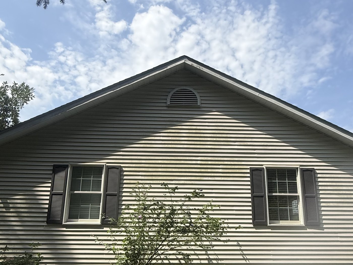 Before, a home gable end with green algae staining across the vinyl siding