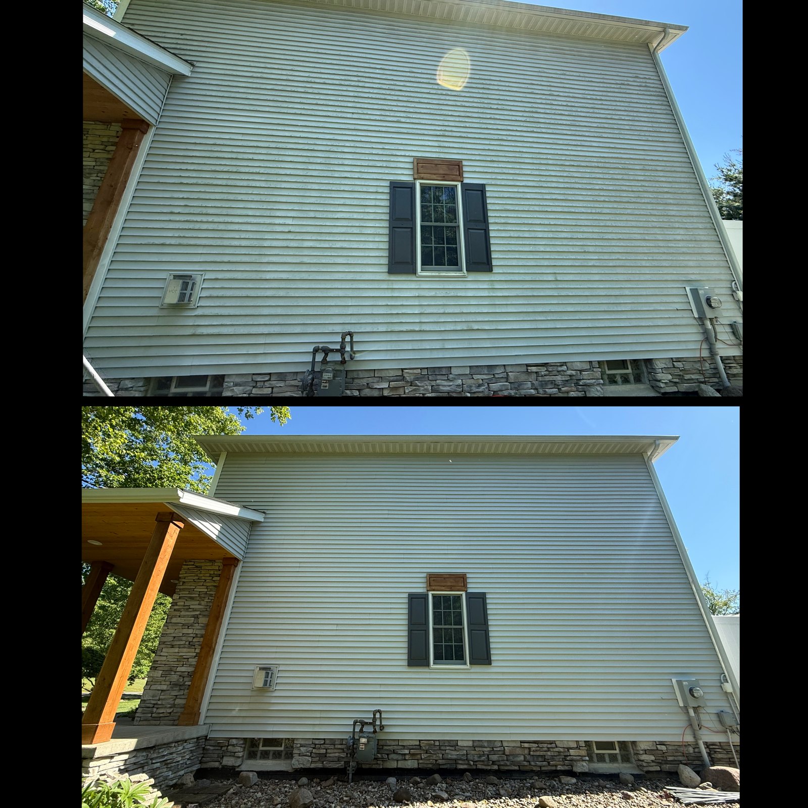 Before and after of vinyl siding soft washed clean by Core Exterior Services