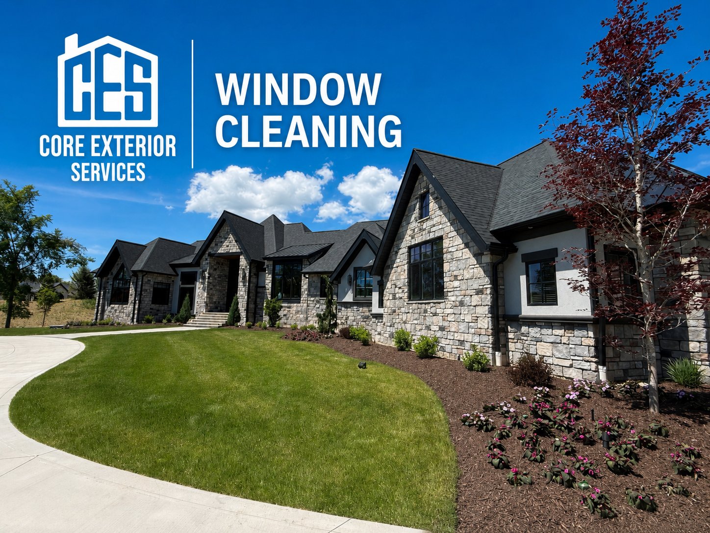 Core Exterior Services window cleaning on a stone home