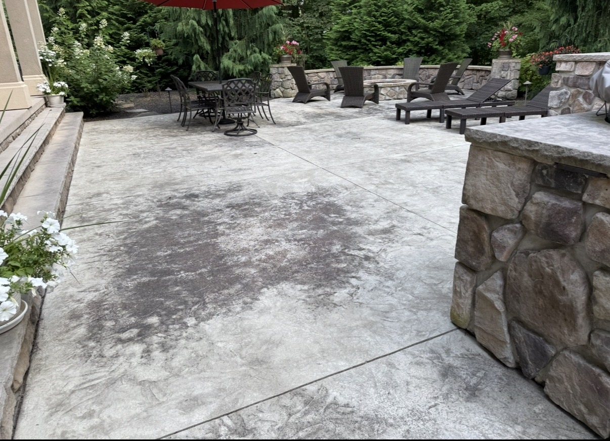 A stamped concrete patio cleaned and restored by Core Exterior Services