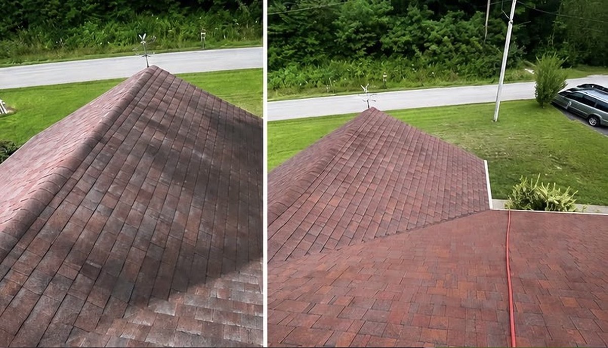A Core Exterior Services roof wash, before and after: moss and black streaking removed